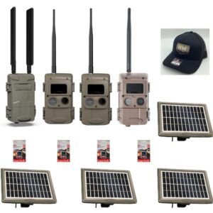 Set of wildlife trail cameras with antennas and solar panels for outdoor monitoring.