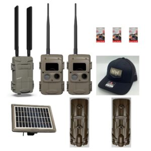 Trail camera setup with solar panel and accessories for wildlife monitoring.