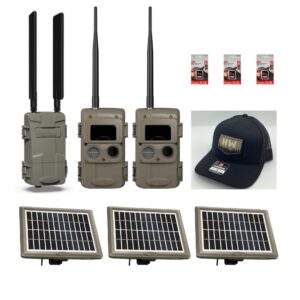 Trail cameras with solar panels and accessories for outdoor monitoring.