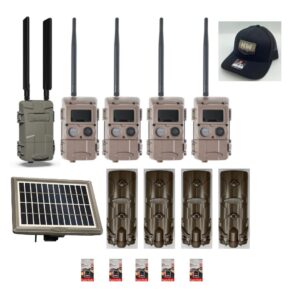 A set of communication and surveillance equipment including radios, batteries, and a cap.