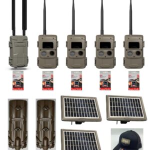 Wildlife trail cameras with solar panels and accessories arranged in a row.