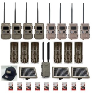Set of trail cameras and accessories for wildlife monitoring.