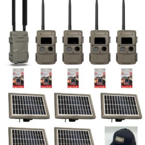 Five trail cameras with accessories and solar panels for outdoor monitoring.