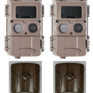 Two brown trail cameras with protective covers shown from front and back.