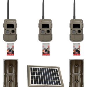 Trail camera kit with three cameras, batteries, and a solar panel.