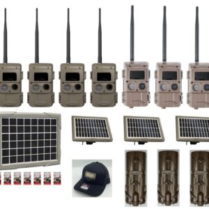 Surveillance equipment including trail cameras, solar panels, and accessories.