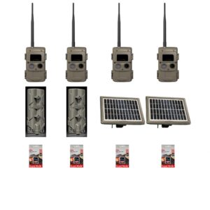 Four trail cameras with mounts and batteries arranged in rows.