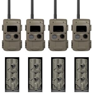 Four trail cameras with their respective open cases showing internal components.