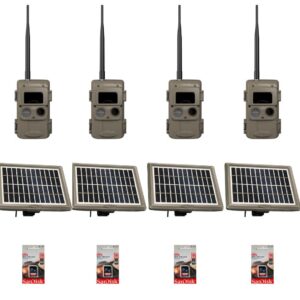 Four trail cameras with solar panels and batteries for outdoor monitoring.