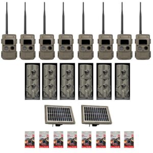 A set of trail cameras with accessories including batteries and solar panels.