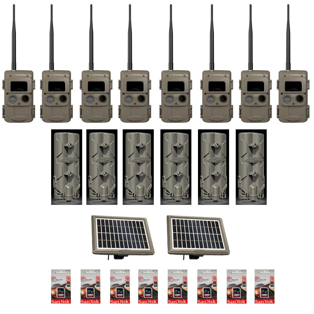 A set of trail cameras with accessories including batteries and solar panels.