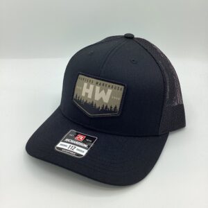 Black mesh-back cap with a rectangular patch and 'HW' logo.