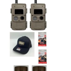 Two trail cameras, a cap, and two packs of batteries displayed.