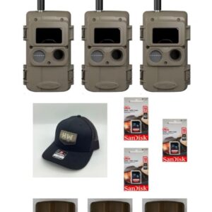 Trail cameras, batteries, and a cap displayed together.