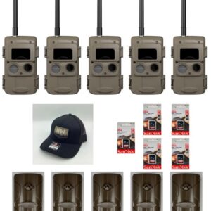 A set of trail cameras, memory cards, and a branded cap arranged neatly.