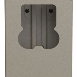 Close-up of a metal bracket mounted on a beige surface.