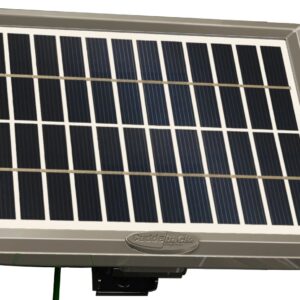 Close-up of a solar panel with metallic frame and grid pattern.