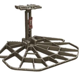 Tree stand platform with metal frame design.