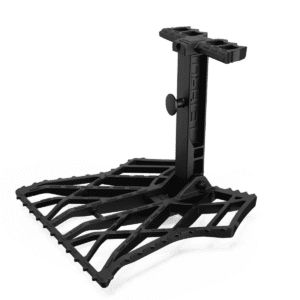 Black metal stand with grid pattern.