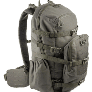 Gray tactical backpack with multiple compartments.