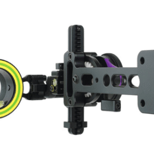Archery sight with adjustment knobs and level.