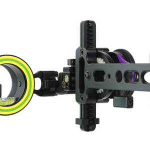 Archery sight with adjustment knobs and scope.